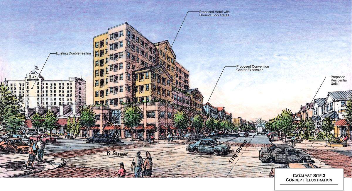 Modesto is looking at a proposal for a 200-room hotel at K and 11th streets in downtown. This is a 2006 rendering of a similar proposal.