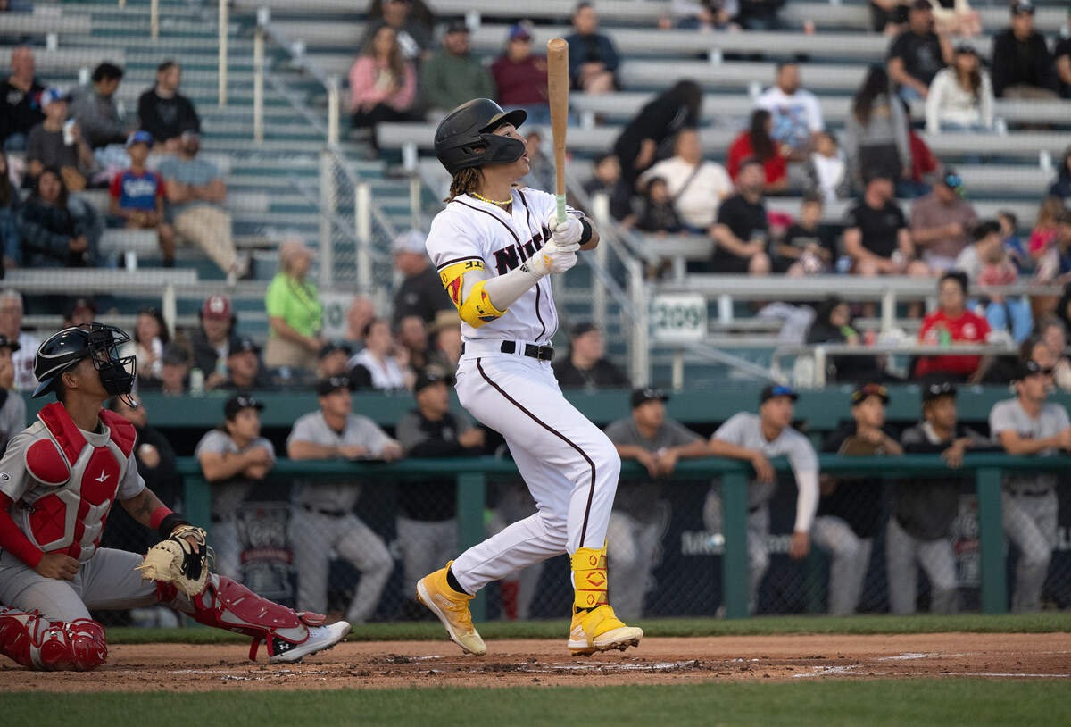 Modesto Nuts’ Thai Peete rips a double during season home opener with Lake Elsinore at John Thurman Field in Modesto, Calif., Tuesday, April 9, 2024. Modesto won the game 8-7.