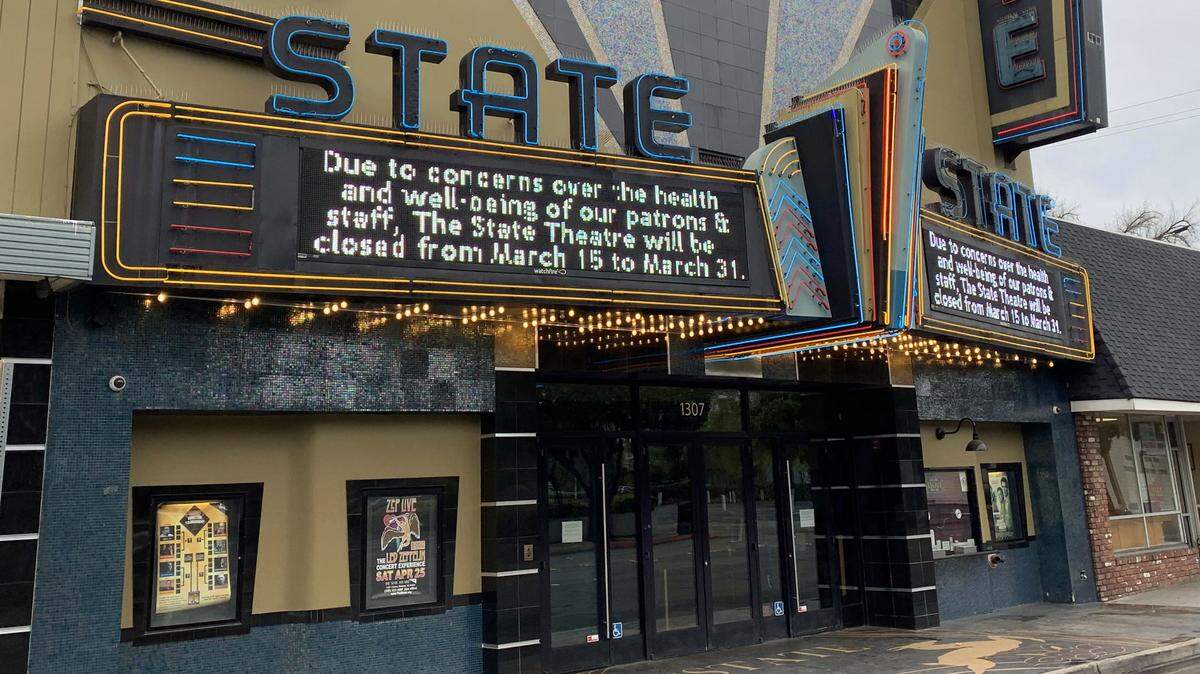 The State Theatre marquis in downtown Modesto, CA, on Monday, March 16, 2020.