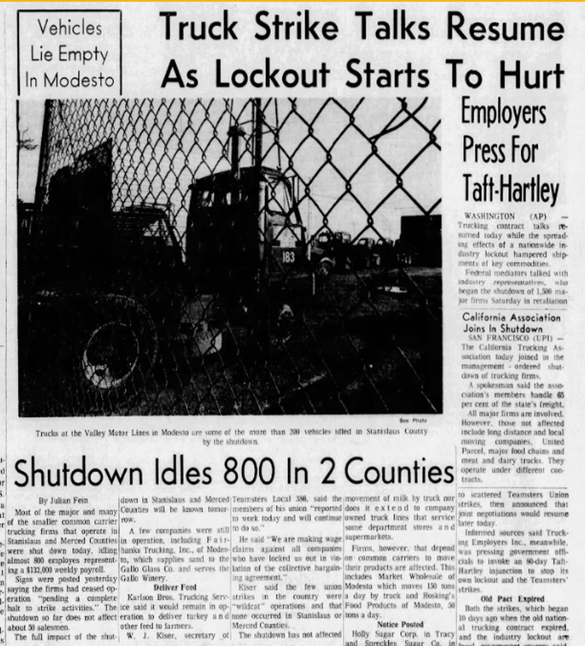 Trucks are shown idle behind a fence in a clip from The Modesto Bee from 1967 detailing a lockout by companies in retaliation to trucker union organizing activity. 