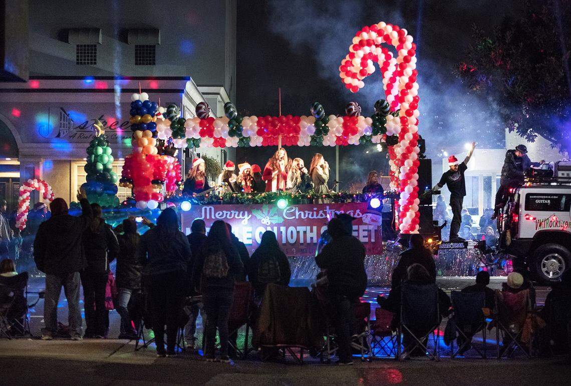 A float makes its way through downtown during a past year’s Celebration of Lights parade in Modesto.