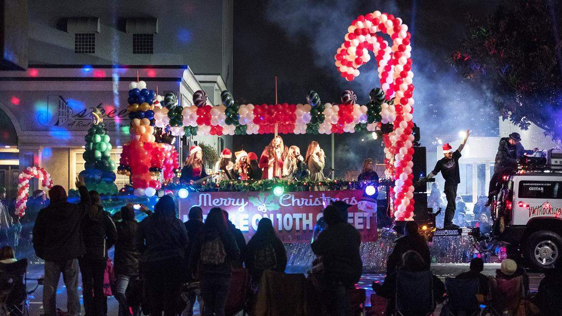 A float makes its way through downtown during a past year’s Celebration of Lights parade in Modesto.