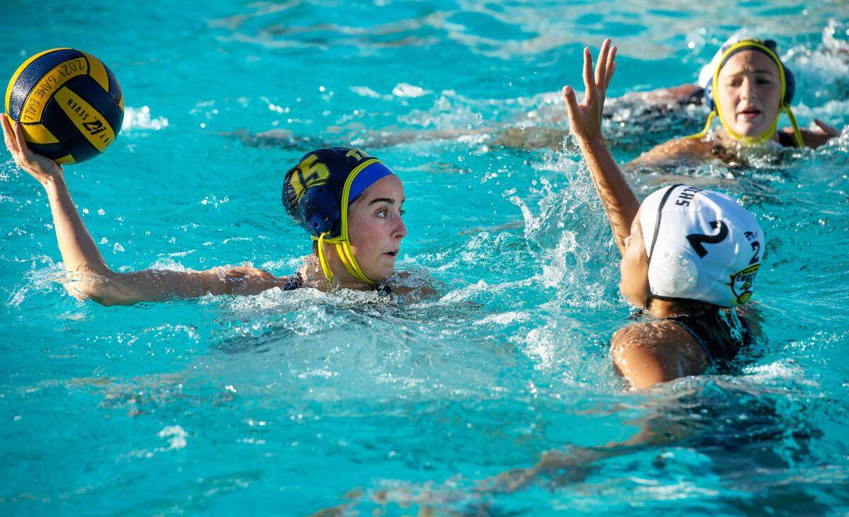 Turlock’s Lia Romeo makes a goal during a Central California Athletic League match with Enochs at Turlock High School in Turlock, Calif., on Tuesday, Oct. 12, 2021.