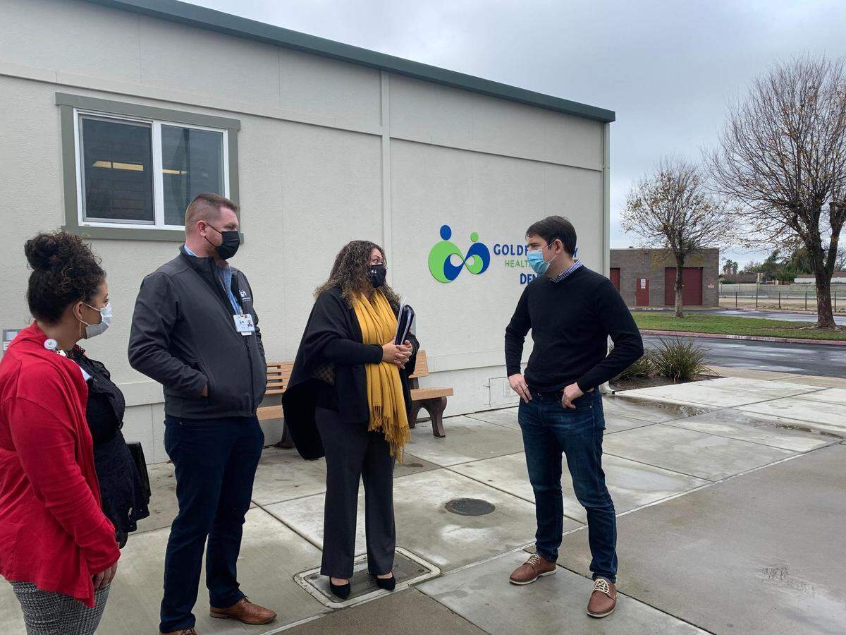 Rep. Josh Harder meets with leaders from Golden Valley Health Centers Dec. 16 to talk about school-based health centers.