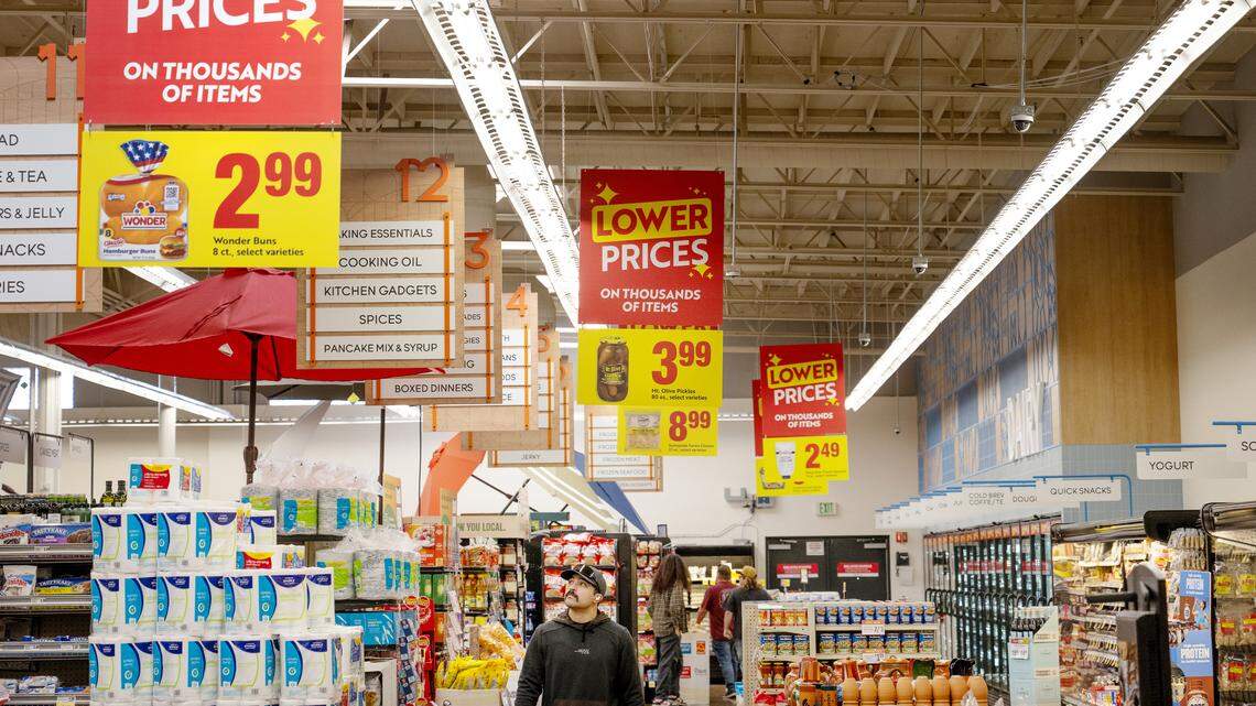 Signage advertises Save Mart Supermarkets’ then-new “lower prices” initiative at Save Mart on Oakdale Road in Modesto on April 28, 2025. 