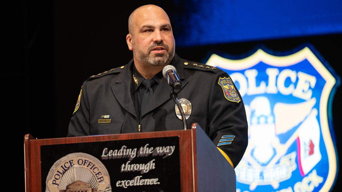 The new Turlock Police Chief Jason Hedden is sworn-in during a ceremony at Harvest Church in Turlock, Calif., on Wednesday, Feb. 16, 2022.