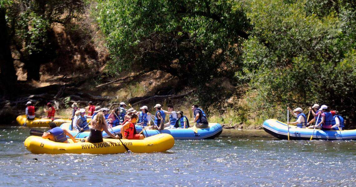 People enjoy a day of rafting on the Stanislaus River in Knights Ferry in 2015.