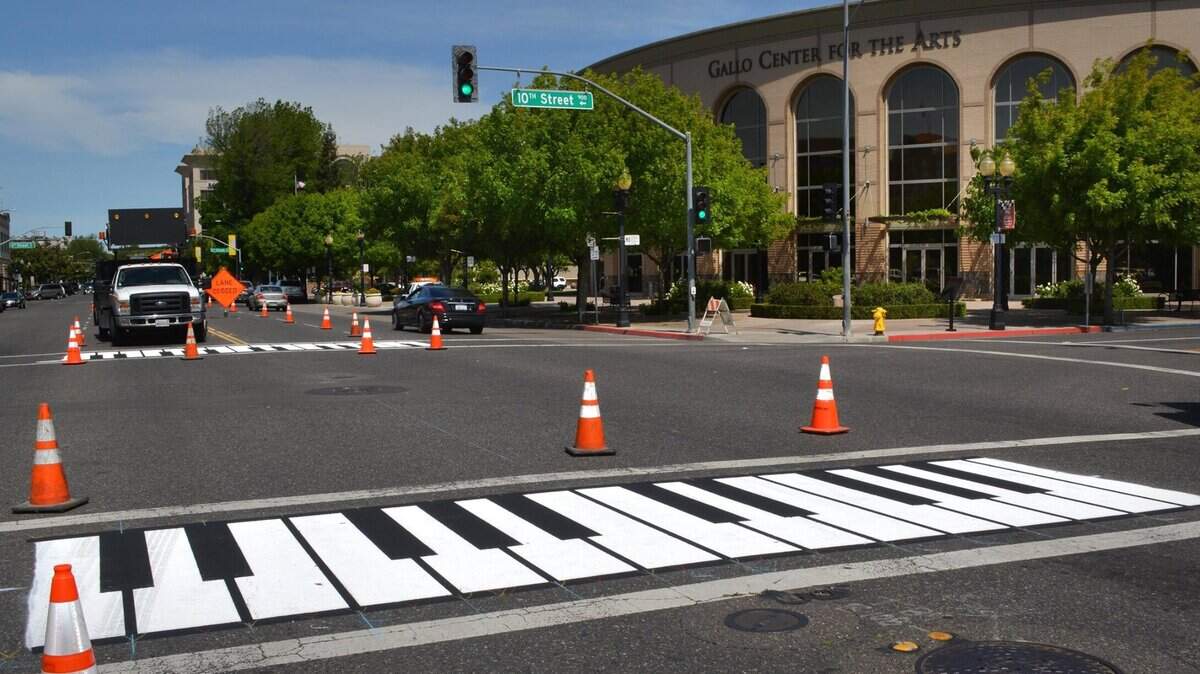Keyboards are seen in 2017 after being painted outside the Gallo Center for the Arts.