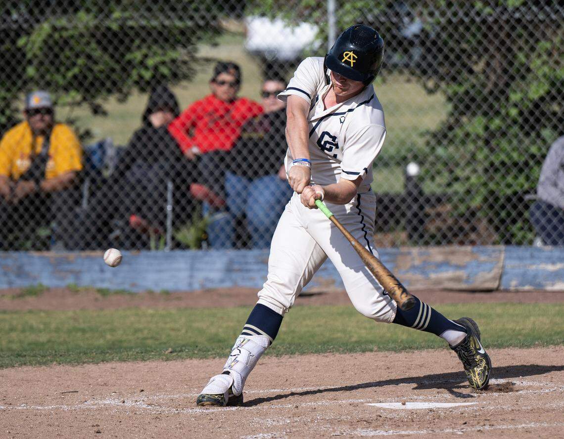 Central Catholic’s Braxton Thomas connects for a home run during the first round of the Sac-Joaquin Section playoff game with Los Banos at Central Catholic High School in Modesto, Calif., Tuesday, May 9, 2023.