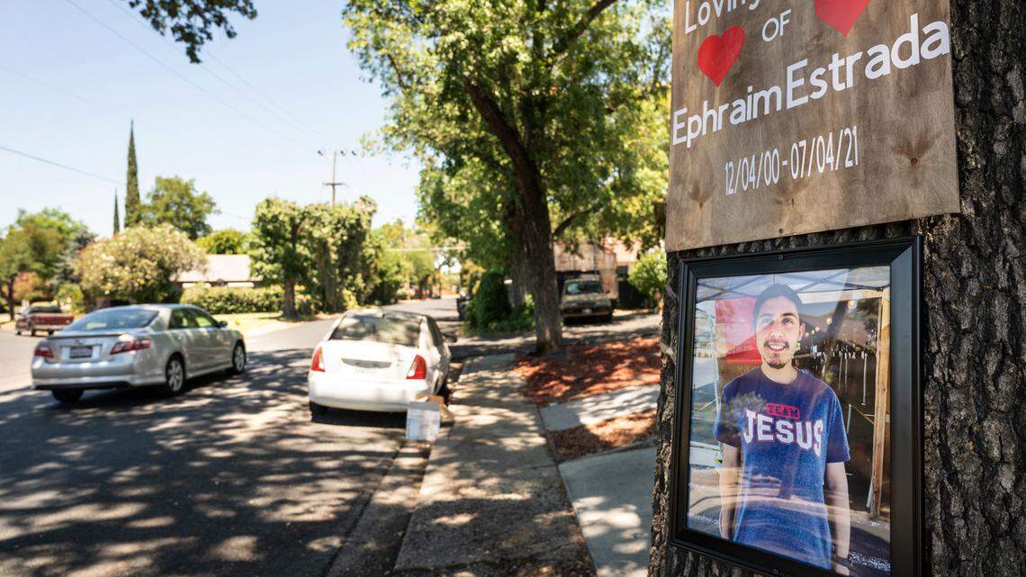 A memorial has been set up near the site on Burney Street where 20-year-old Ephraim Estrada was fatally struck by a hit and run driver while lighting fireworks in Modesto on the Fourth of July. Photographed on Burney Street in Modesto, Calif., on Tuesday, July 6, 2021.