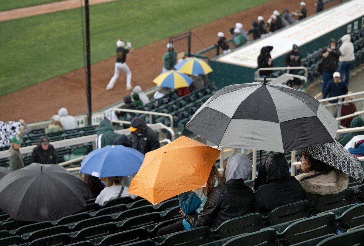 The Modesto Nuts High School Baseball Showcase game between Patterson and Hilmar was suspended in the fourth inning due to rain at John Thurman Field in Modesto, Calif., Saturday, March 23, 2024. Patterson is leading 4-2.