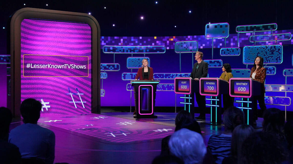 ‘After Midnight’ debuted Tuesday, Jan. 16, 2024, with host Taylor Tomlinson. Pictured from left: Tomlinson, Kurt Braunohler, Aparna Nancherla and Whitney Cummings.