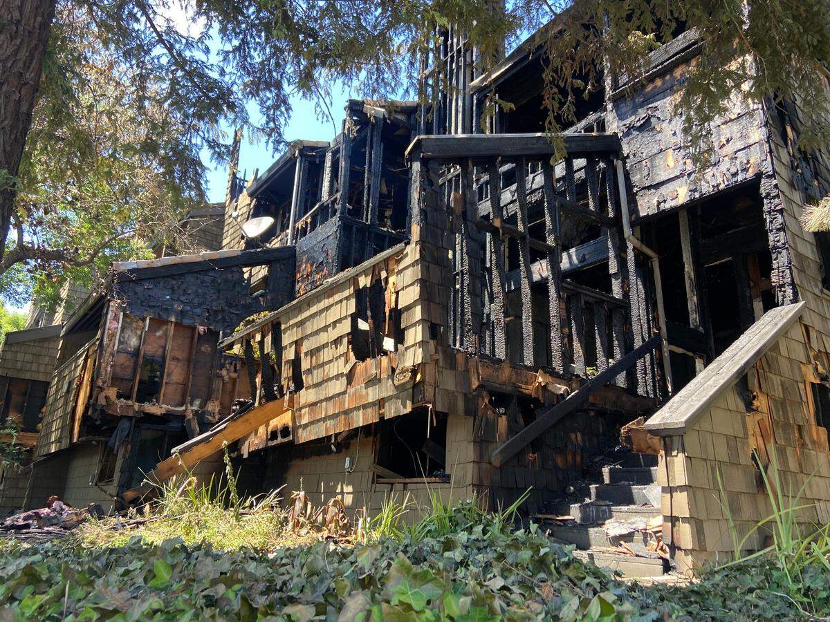 Damage is seen after a fire at a Modesto condo complex on Saturday, May 22, 2021.