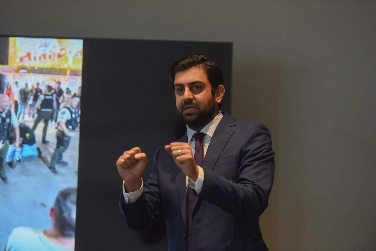 Attorney Neil Gehlawat speaks during a press conference Wednesday at the Kimpton Sawyer Hotel in Sacramento. He discussed a claim filed against the Stanislaus County Sheriff’s Department alleging excessive force against a Turlock man at the county fair.