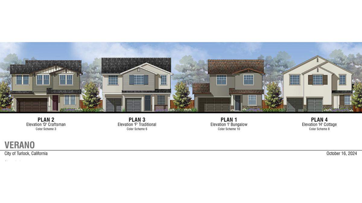 Renderings show four of the facades approved for a 114-home project in Turlock, Calif., on Feb. 11, 2025.