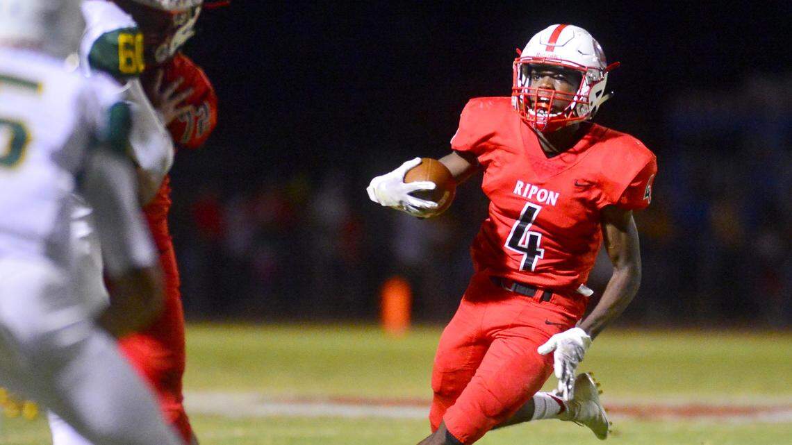 Ripon running back Roland Davis sprints upfield during a game between Ripon and Hilmar at Ripon High School in Ripon CA on September 14, 2018.

