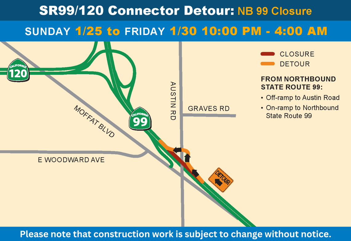 The map shows northbound detours on Highway 99 in Manteca, Calif., on nights between Jan. 25 and 30, 2026.