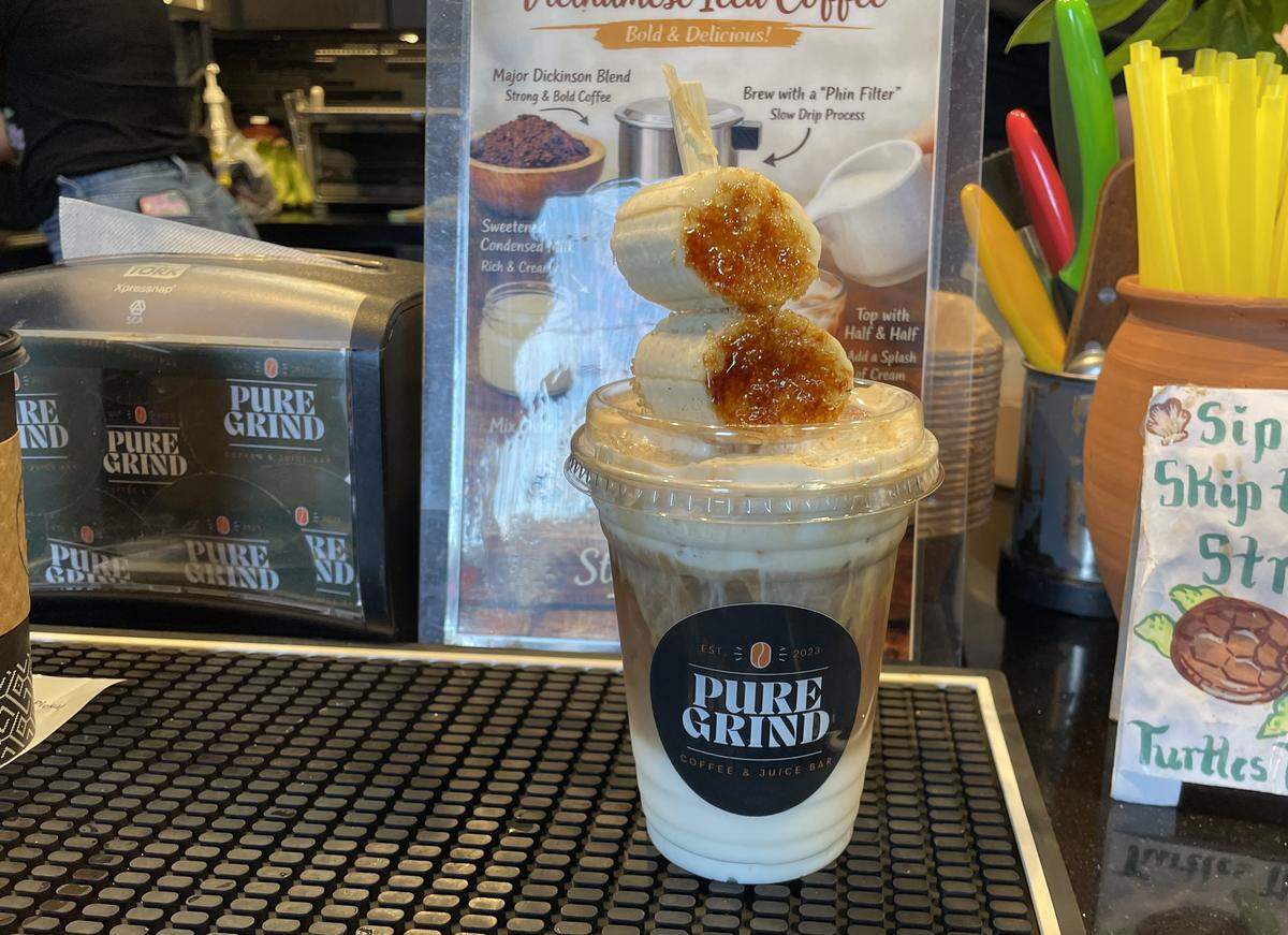 The banana bread iced latte at Pure Grind Coffee and Juice Bar in Modesto