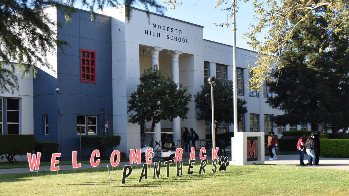 Lawn letters spell out a message to the first students returning to in-person instruction at Modesto High School on Monday, March 29, 2021.