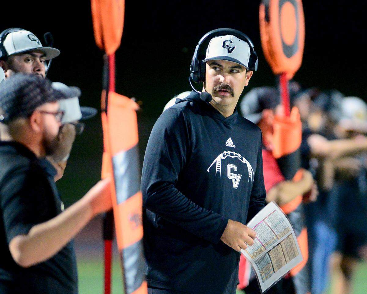 Central Valley Head Coach Derrick Goblirsch looks to his sideline during a game between Modesto High School and Central Valley High School at Gregori High School in Modesto, Calif., on Sept. 13, 2024.
