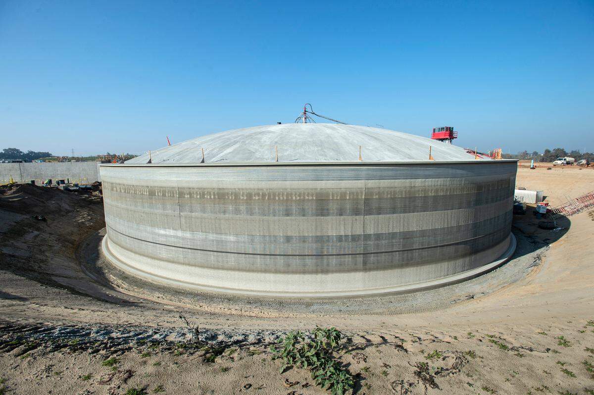 A clear well for treated water will be buried to the top of the dome after stress tests have been completed, The water treatment plant being built as part of the Regional Surface Water Supply Project near Hughson, Calif., Dec. 1, 2021.