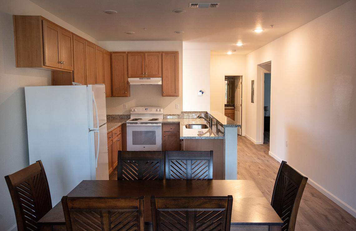 The main room in a three-bedroom unit at the James Street Apartments in Modesto, Calif., on Tuesday, July 12, 2022.