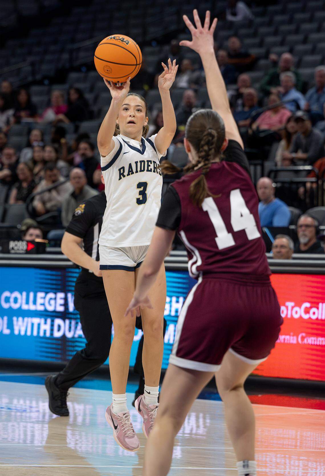 Central Catholic’s Marissa Garcia scores 3 of her ten points during the Sac-Joaquin Section Division IV championship game with West Campus at the Golden 1 Center in Sacramento, Friday, Feb. 27, 2026. West Campus won the game 47-38.