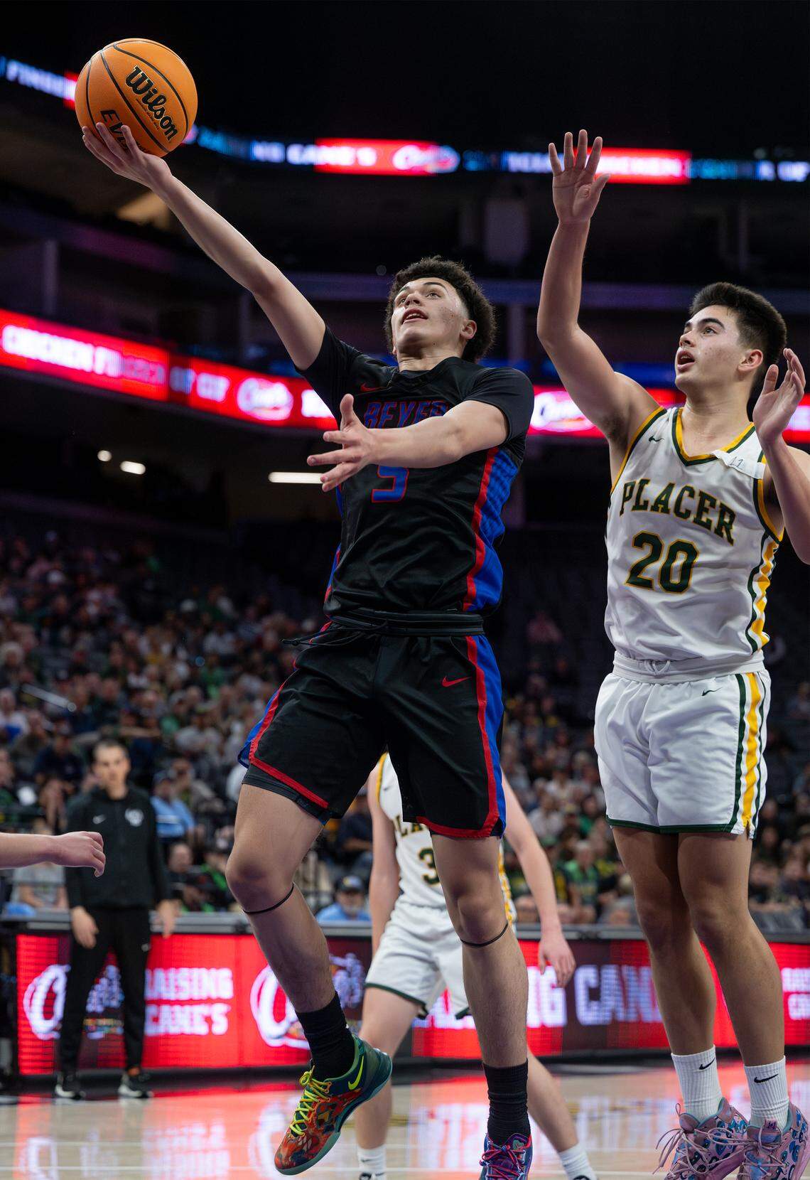 Beyer’s James McGee scores past Placer’s Emmett Rose in the Sac-Joaquin Section Division III championship game at the Golden 1 Center in Sacramento, Saturday, Feb. 28, 2026.