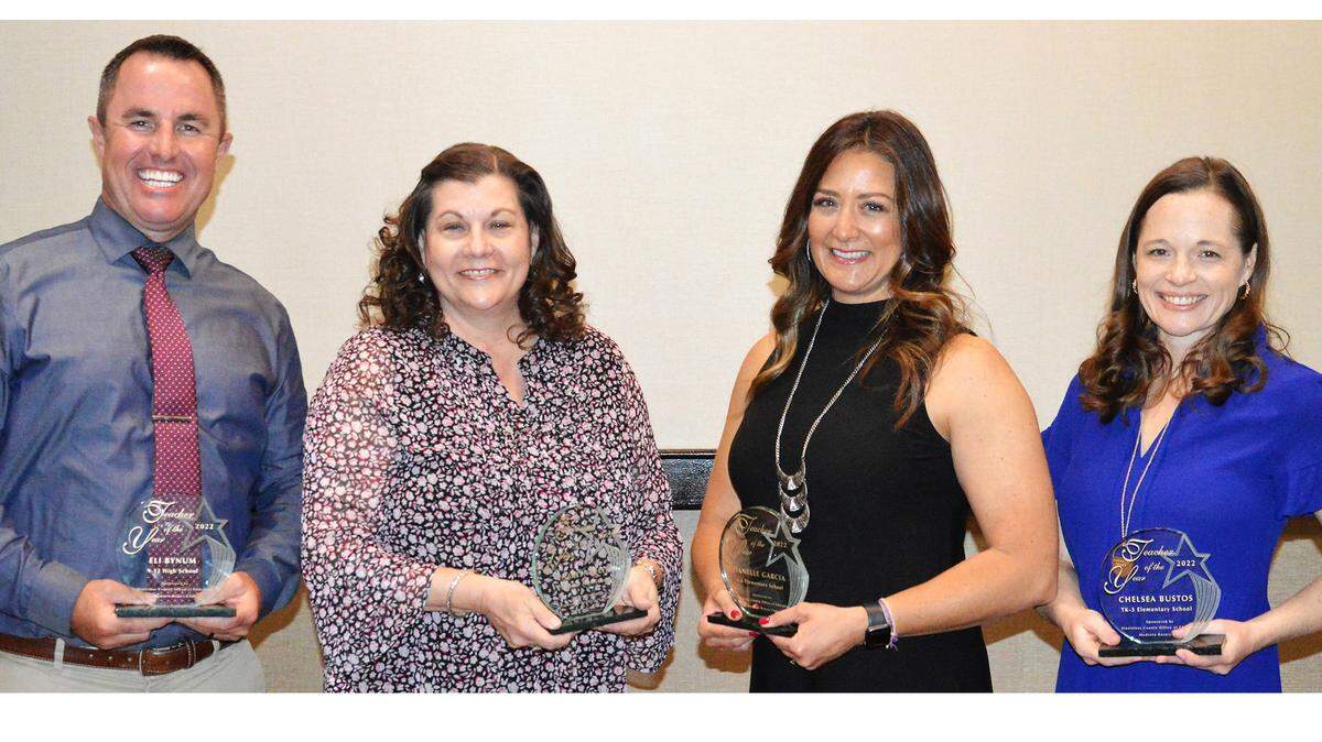The 2022 winners of Teacher of the Year awards for Stanislaus County are, from left, Eli Bynum, Charlyn Selee, Danelle Garcia and Chelsea Bustos. They were presented May 3.