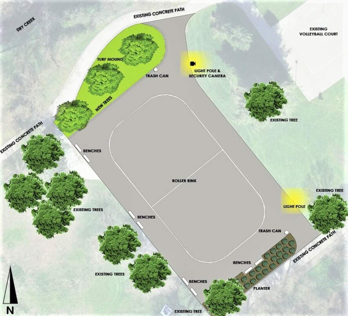 The roller rink proposed for East La Loma Park in Modesto will consist of about 15,100 square feet of concrete or asphalt.