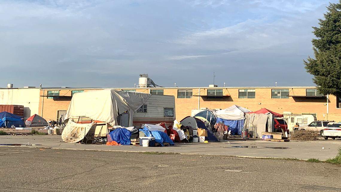 Homeless encampment on Main Street in Turlock, Ca.