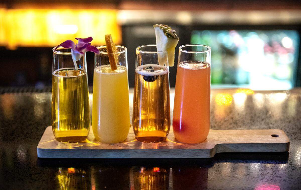Flight of mimosas at the The Secret Garden restaurant in Modesto, Calif., on Thursday, May 19, 2022.