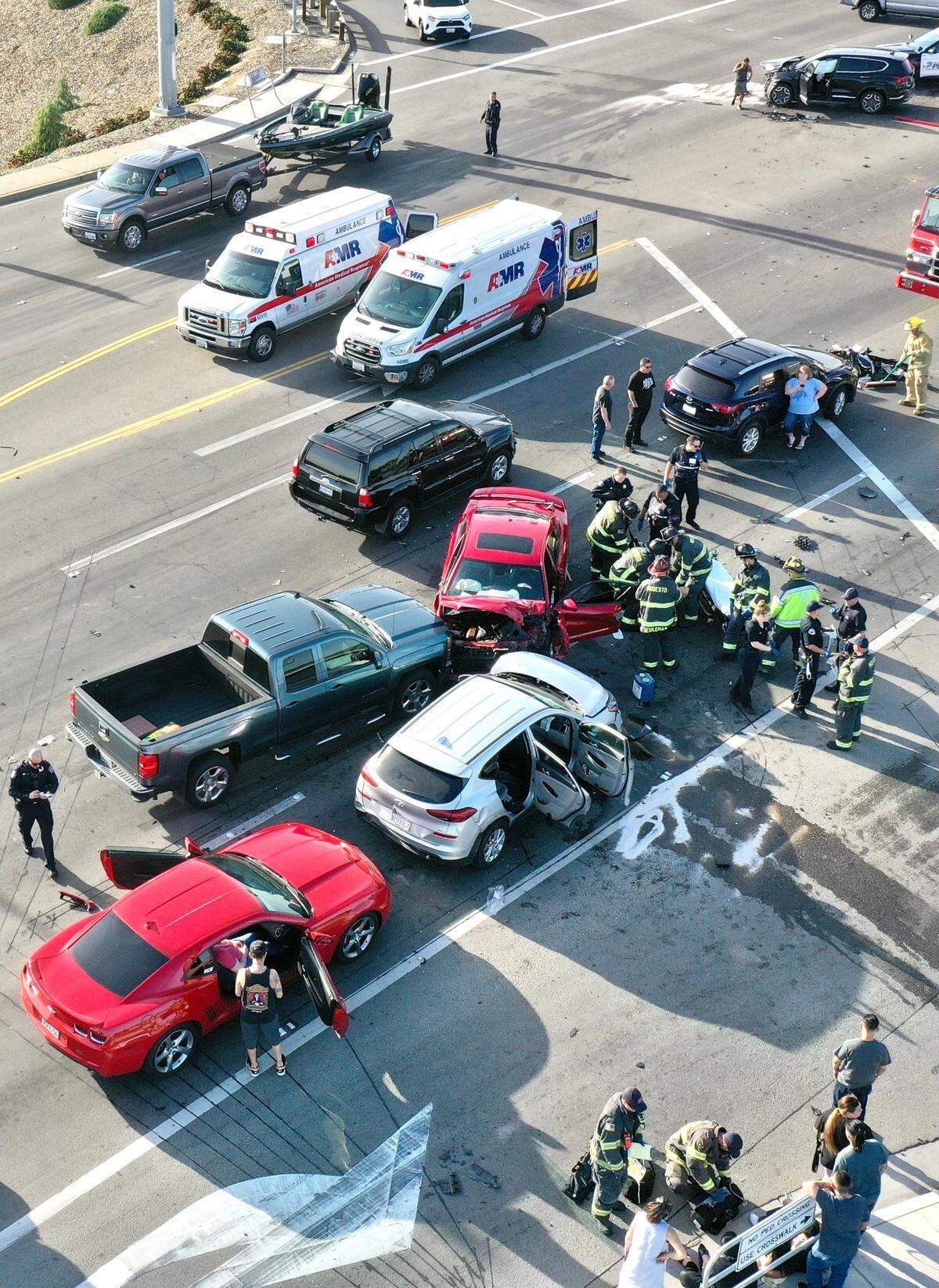 A crash on the Briggsmore Avenue overpass at Highway 99 on Saturday evening, April 2, 2022, resulted in seven patients receiving medical care, according to the Modesto Fire Department.