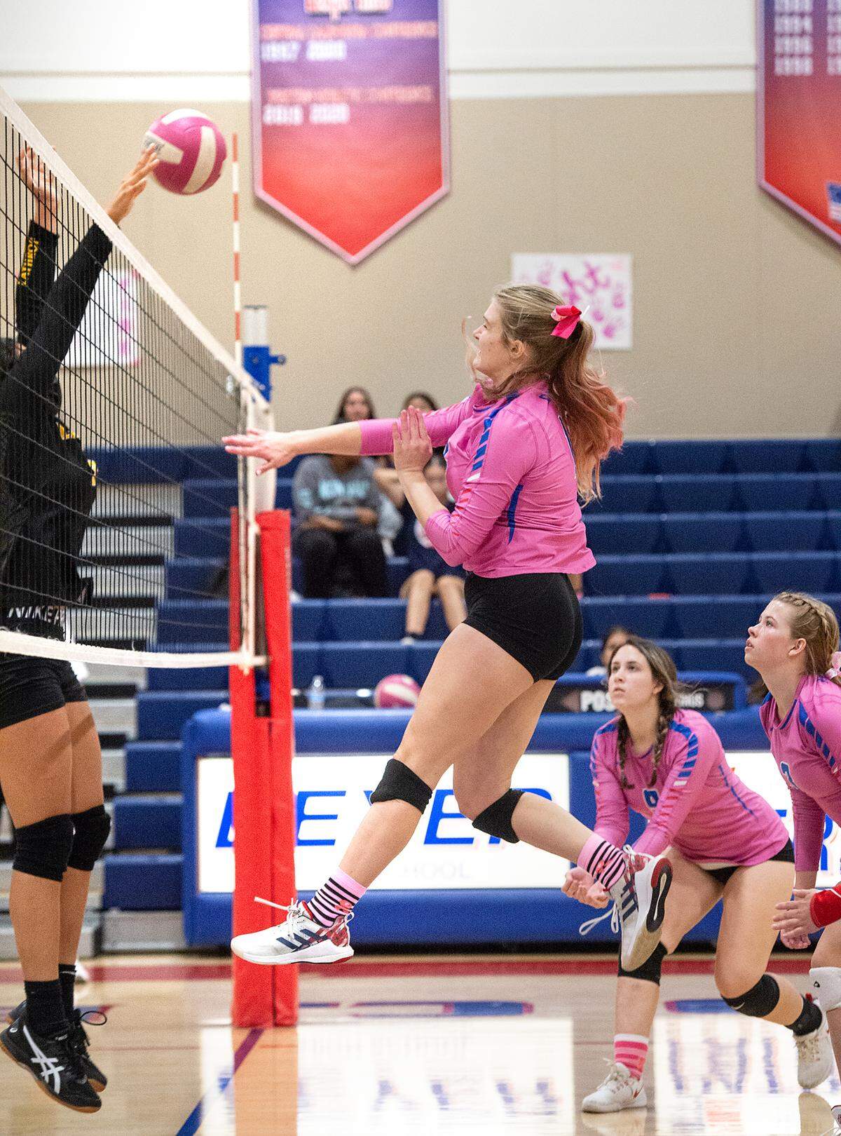 Beyer’s Haiden Dahl spikes the ball during the Western Athletic Conference match with Lathrop at Beyer High School in Modesto, Calif., Tuesday, Oct. 4, 2022. Beyer won 3-0.