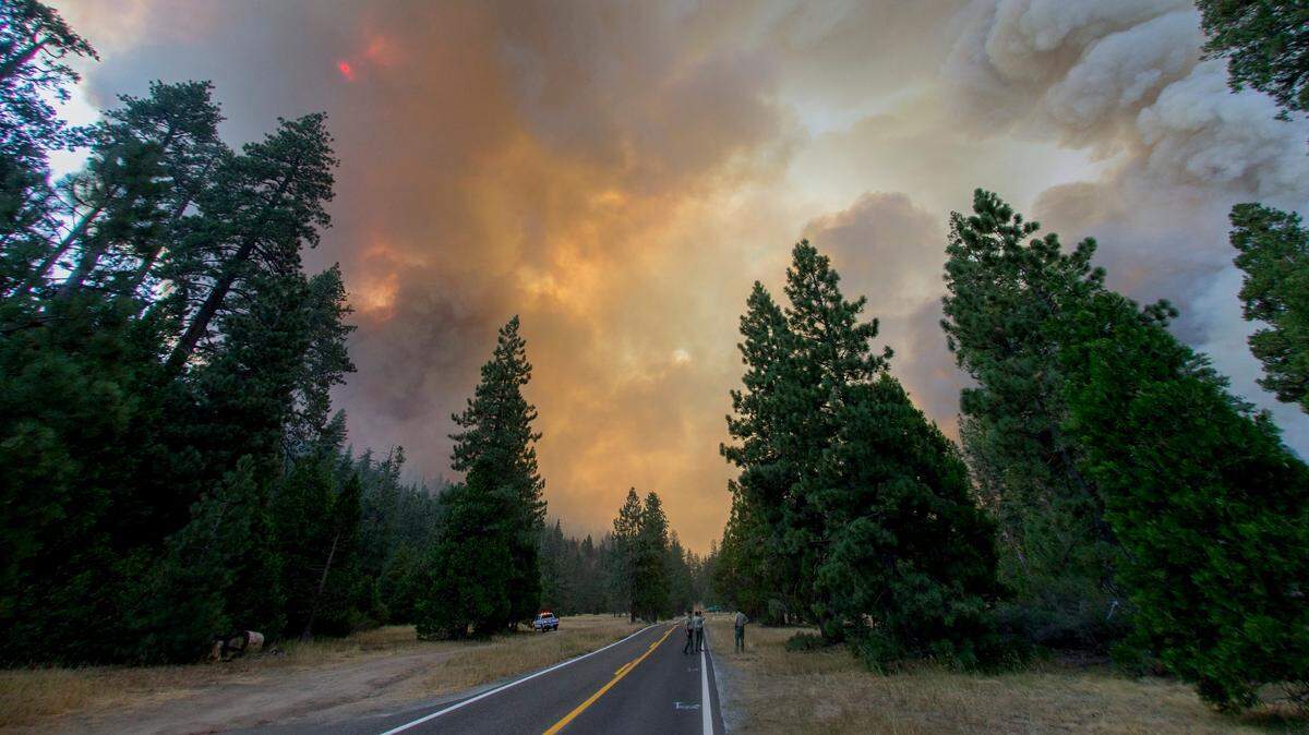 A fisheye view of the Donnell fire as it surrounds Highway 108 near the Dardanelle Resort in Tuolumne County on Sunday, Aug. 5, 2018.