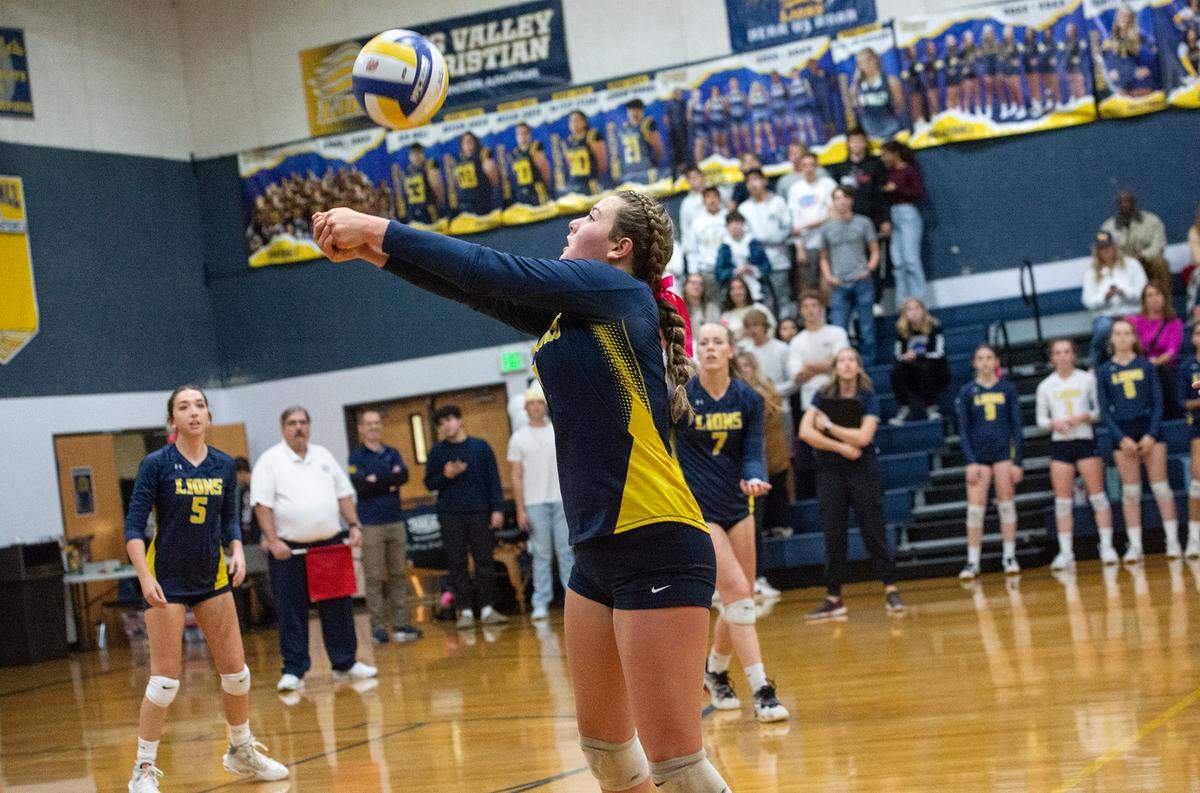 Big Valley Christian’s Ella Alavezos makes a save during the division 5 CIF Northern California Regional volleyball playoff match with Minarets High School at Big Valley Christian High School in Modesto, Calif., Tuesday, Nov. 8, 2022.