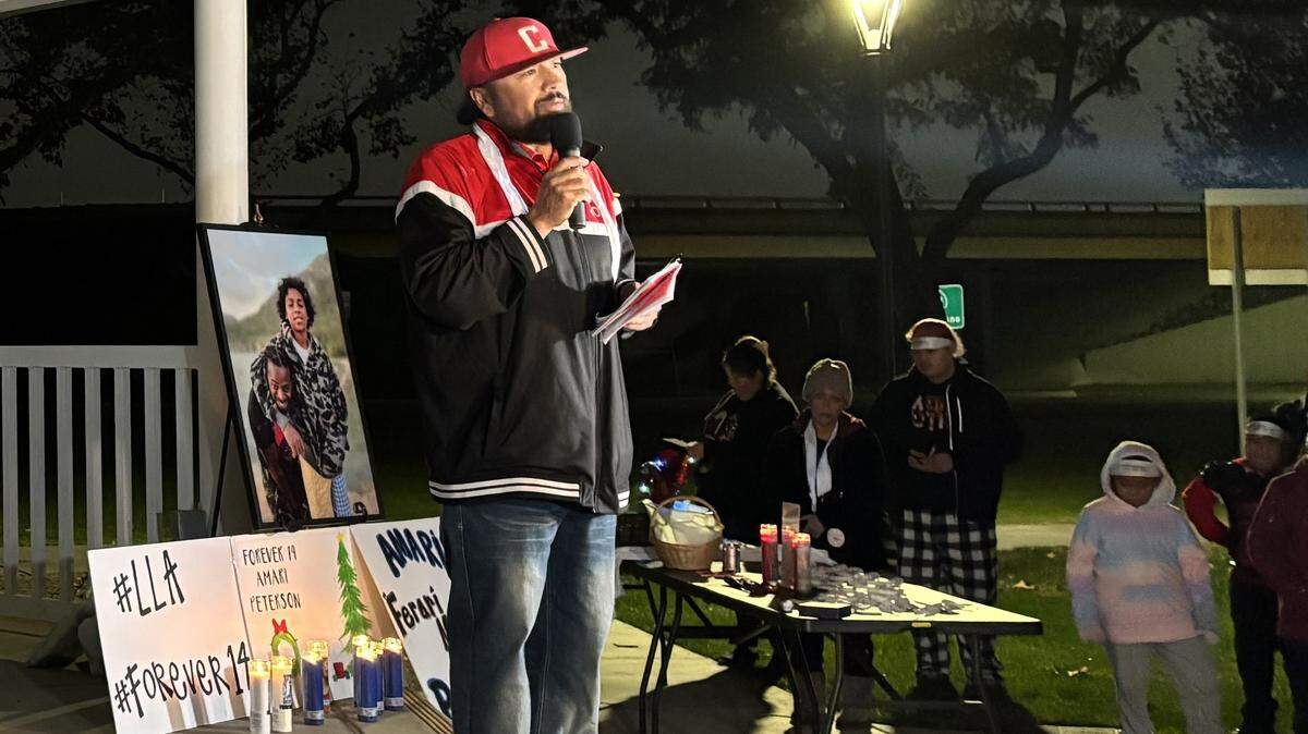 Joe Estrada speaks at a vigil in Ceres for homicide victim Amari Peterson of Modesto on Tuesday, Dec. 9, 2025.