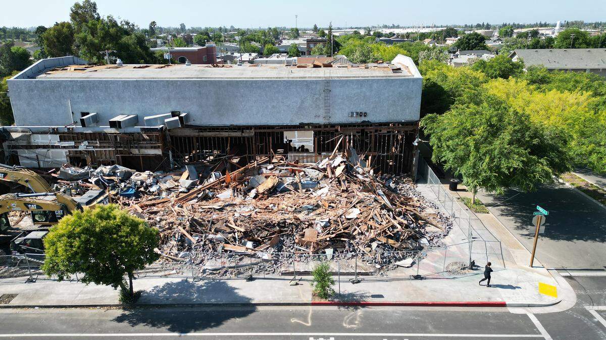 Del Rio Theater is partially demolished in Riverbank in 2023. 