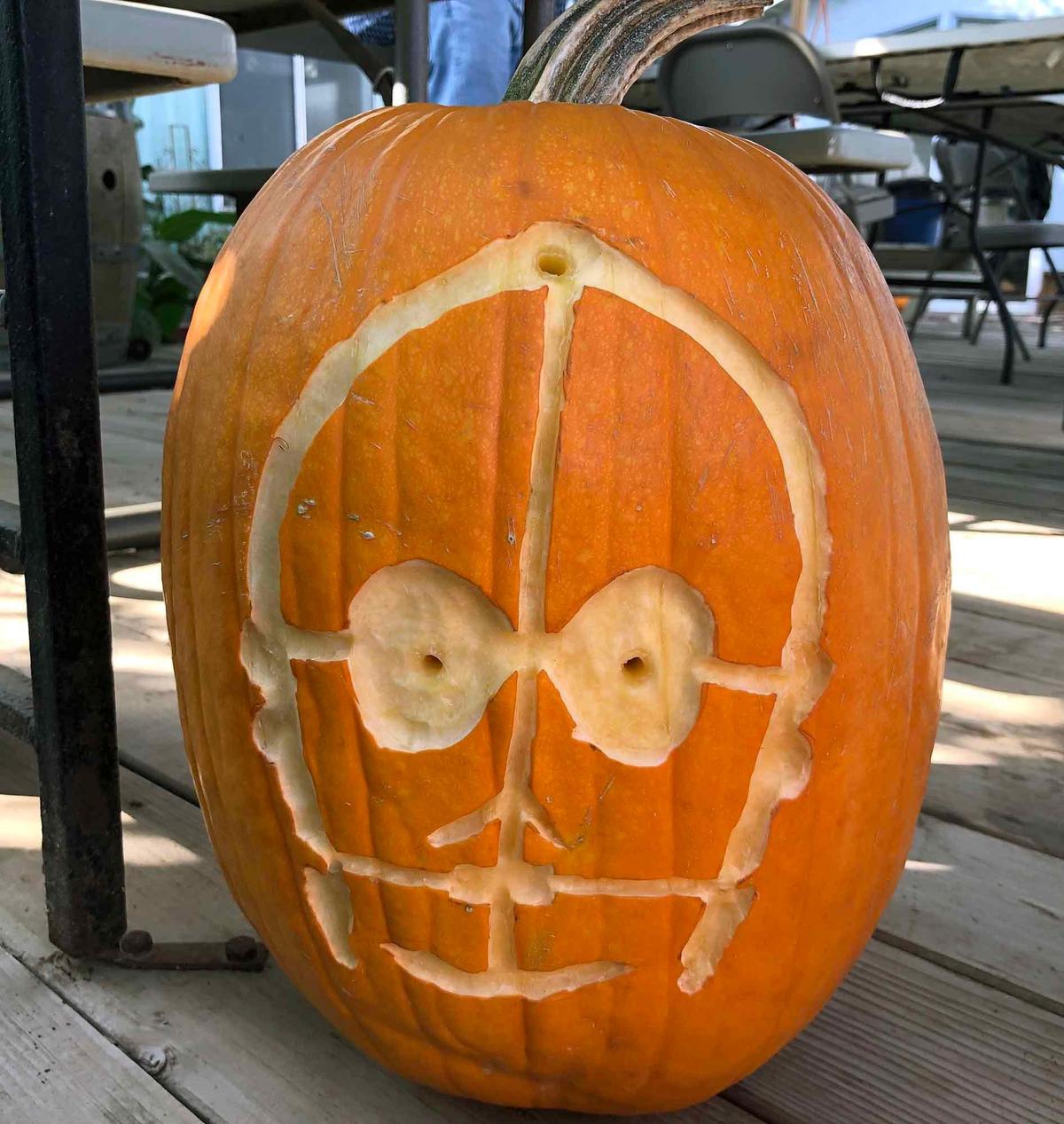 Popular Star Wars character C3PO is pictured carved on a pumpkin on Sunday October 27, 2019 in Oakdale, Calif.. Tami Munns and Gina Bruederle have a tradition of carving pumpkins that has grown to include a small group of helpers. This year, nearly 300 jack-o’-lanterns will be put out in a walk-through display at the Munnses’ Rodden Road home for Halloween.