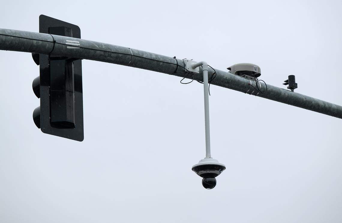 Some police cameras can deliver a 360-degree view like this unit on Briggsmore Avenue in Modesto, Friday, Jan. 31, 2025.