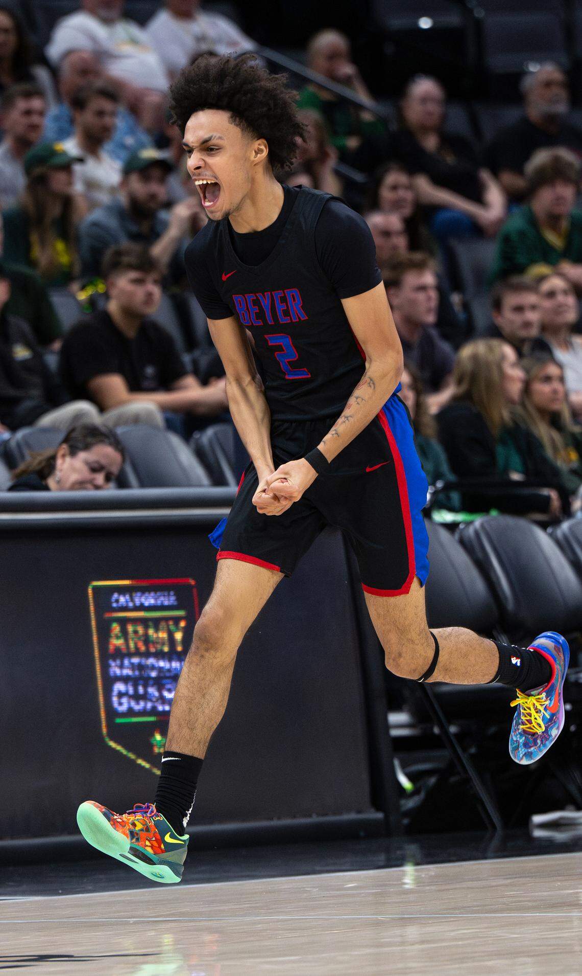 Beyer player Rodney Oliney reacts to making a three-point basket in the second half of the Sac-Joaquin Section Division III championship game with Placer at the Golden 1 Center in Sacramento, Saturday, Feb. 28, 2026.