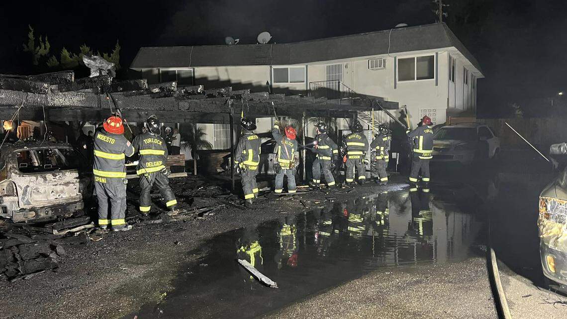 A case of arson Sunday night, Sept. 3, 2023, on Colorado Avenue in Turlock damaged a duplex and eight vehicles and destroyed a carport.