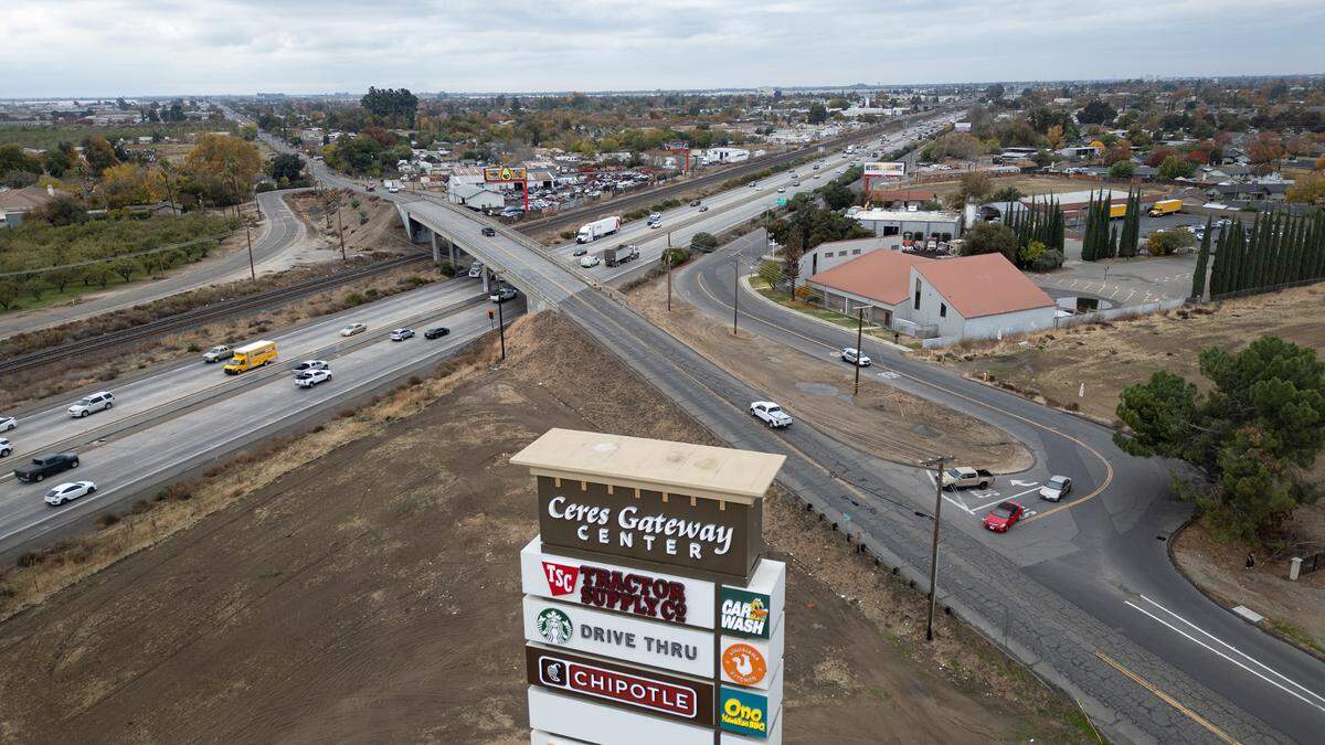 Service Road crosses Highway 99 at Ceres Gateway Center in Ceres, Monday, Nov. 25, 2024.