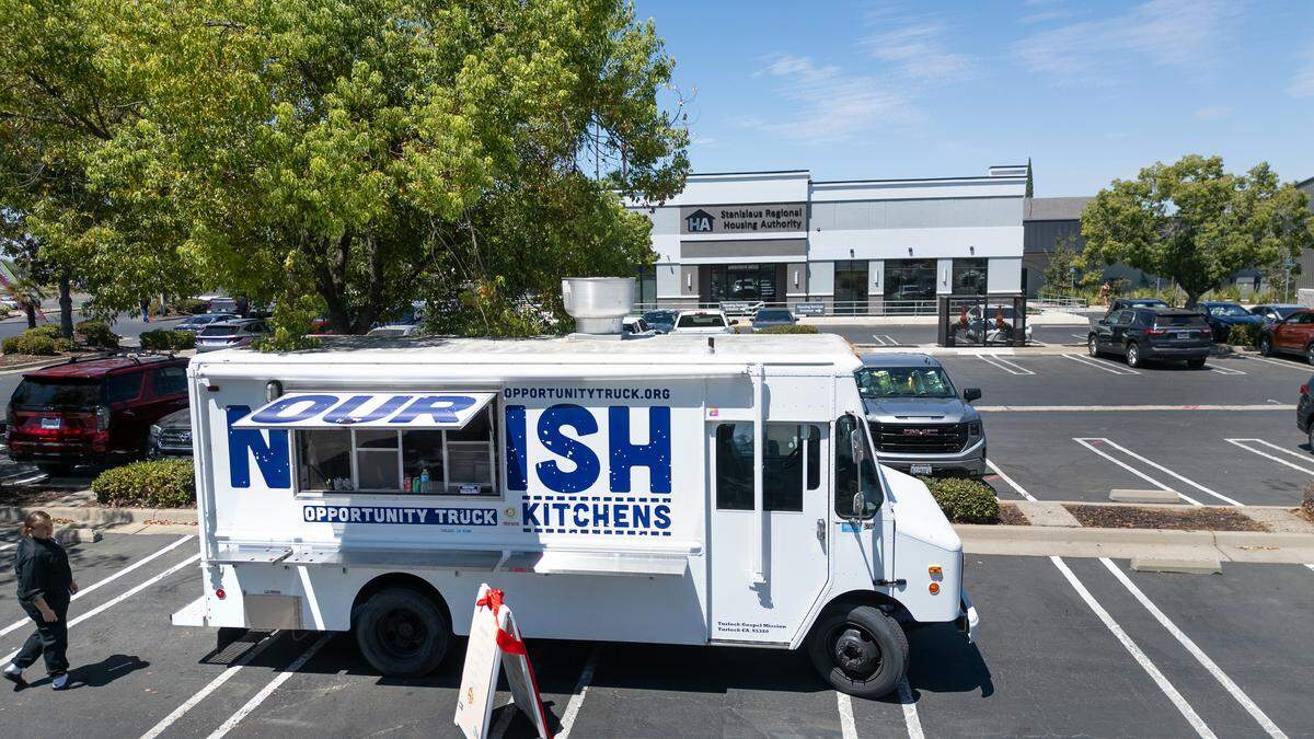Turlock Gospel Mission’s Opportunity Truck food truck outside the Stanislaus Regional Housing Authority on Sisk Road in Modesto.