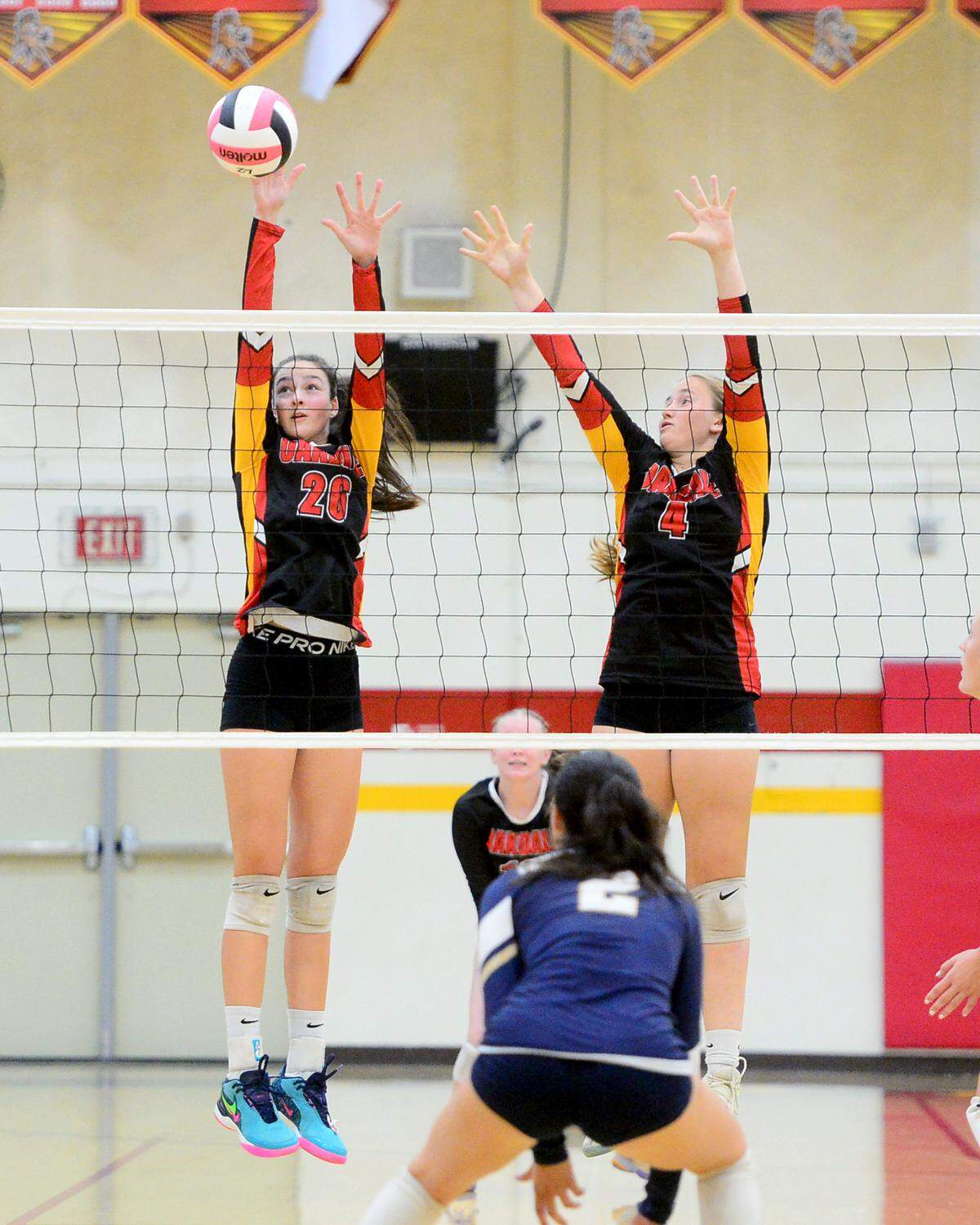 Oakdale’s Jaedyn Riley (26) blocks the ball during a game between Oakdale and Central Catholic at Oakdale High School in Oakdale, Calif. on Thursday, Oct. 17, 2024.&nbsp;