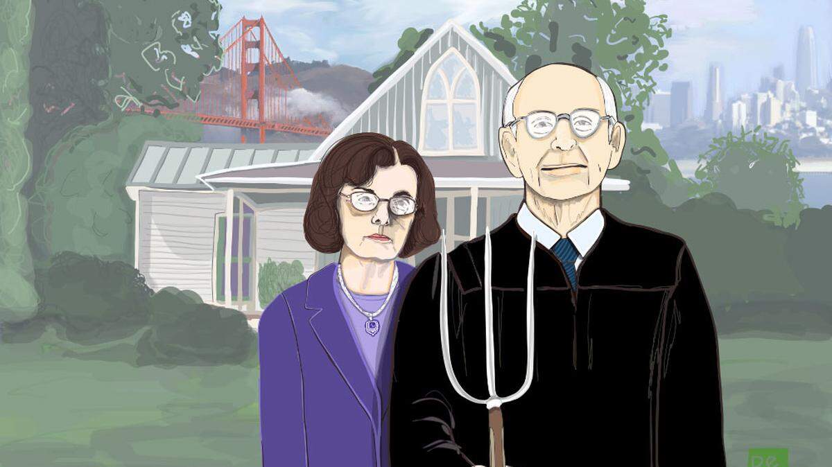 Illustrator Be Boggs envisions Sen. Dianne Feinstein and U.S. Supreme Court Justice Stephen Breyer in “San Francisco Gothic.”