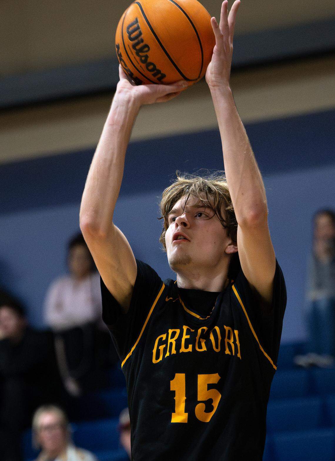 Gregori’s Jayson Powers lines up a jump shot during the Mark Gallo Invitational basketball tournament game with Beyer at Central Catholic High School in Modesto, Friday, Dec. 13, 2024.