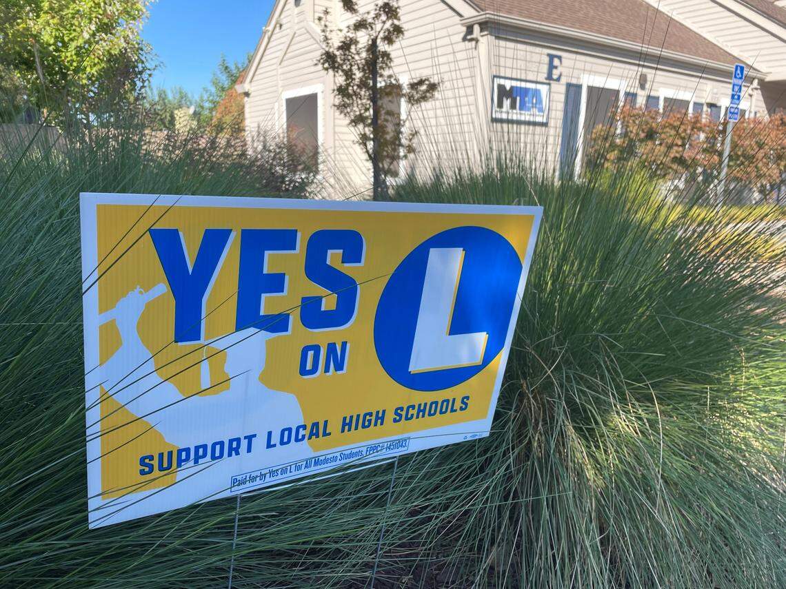 A Measure L campaign sign stands outside the Modesto Teachers Association office on Coffee Road.
