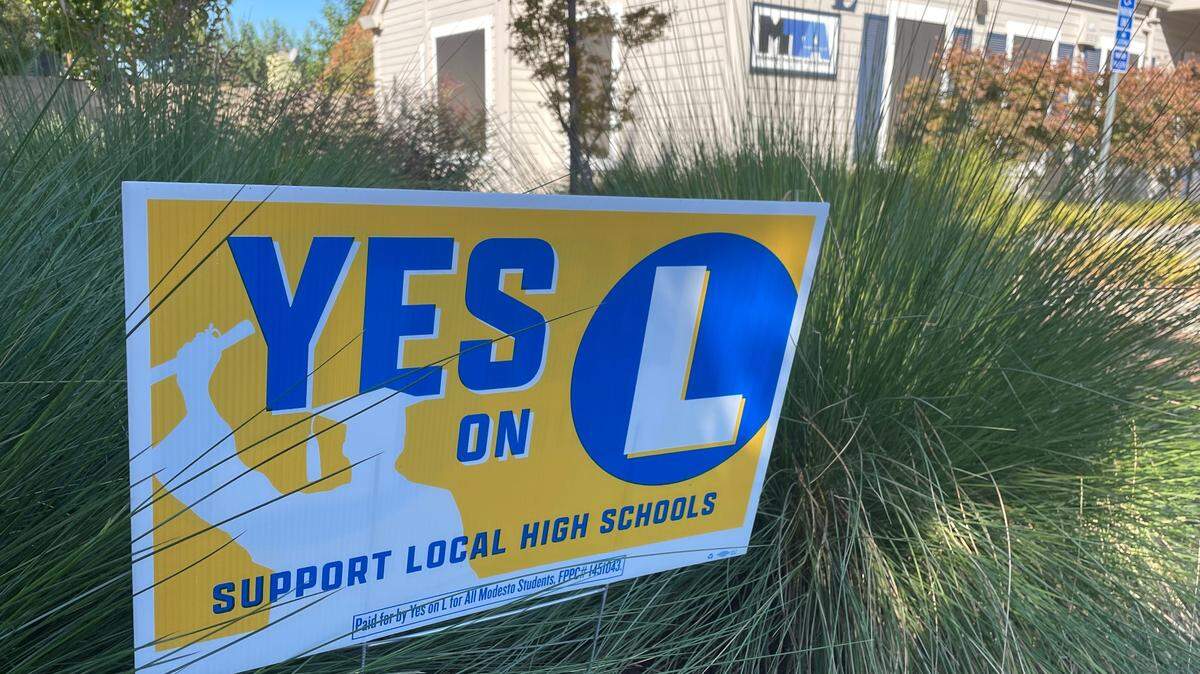 A Measure L campaign sign stands outside the Modesto Teachers Association office on Coffee Road last fall.