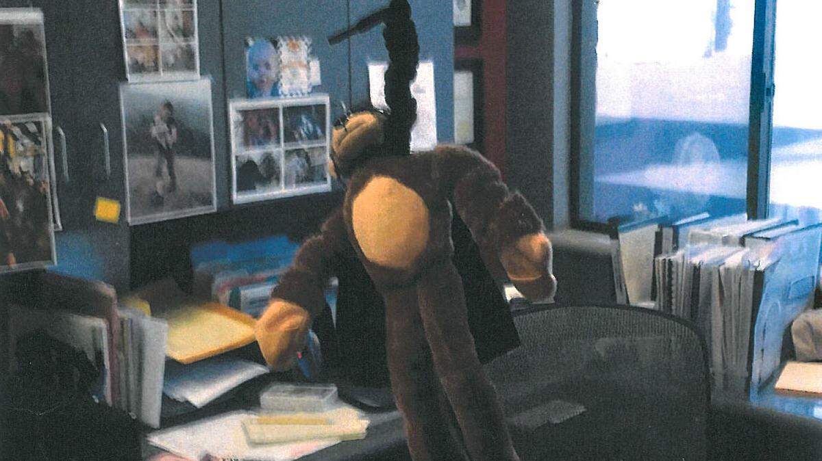 A lawsuit claims this effigy of a monkey hanging from a noose was displayed in a City of Modesto supervisor’s office in the fall of 2015.